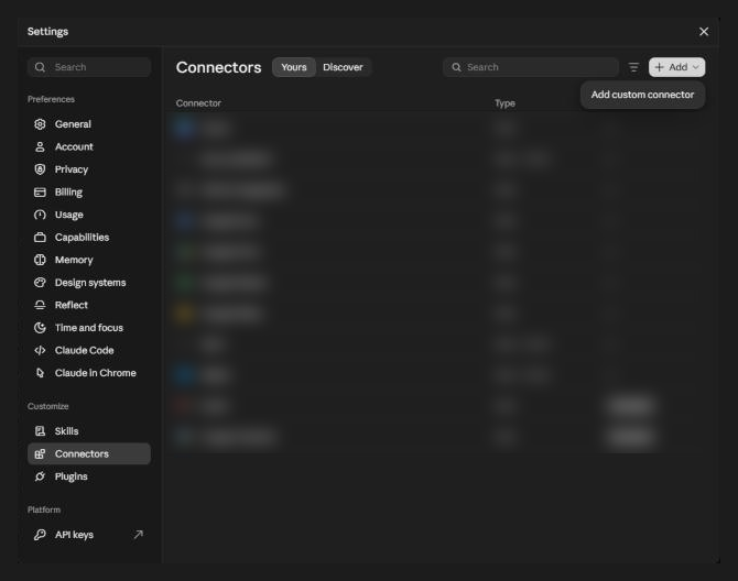 The Connectors page in claude.ai with the Add menu open