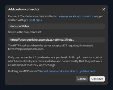 The Add custom connector form filled in with an example name and URL