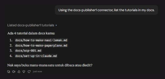 Claude listing the tutorials on this site with the docs-publisher connector